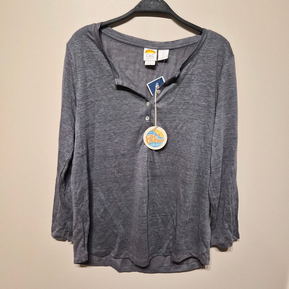 C&C California Gray 100% Linen Long Sleeve Henley Large NWT